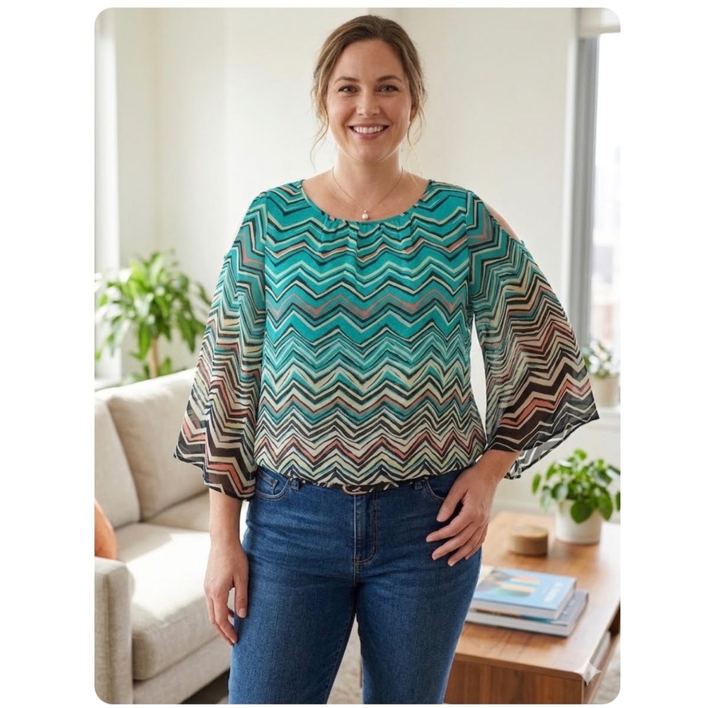 NY & Co Blouse Womens L Teal Chevron Cold Shoulder Chiffon Boho Resort Summer